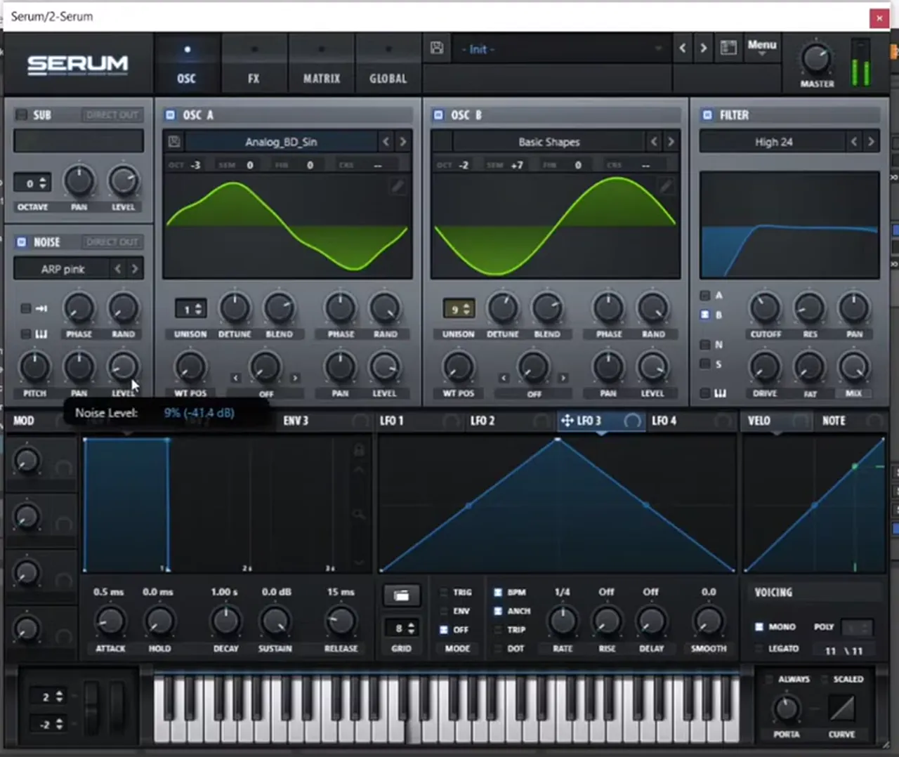 Serum noise oscillator set to ARP pink at a low level with mono voicing enabled on a deep minimal DnB bass