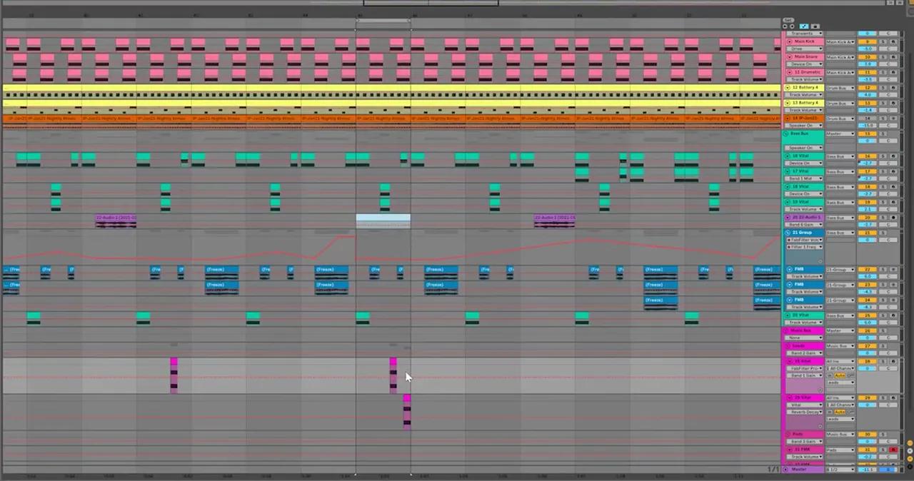 Ableton Live drum and bass drop with stab clips on two Vital tracks set up as call and response