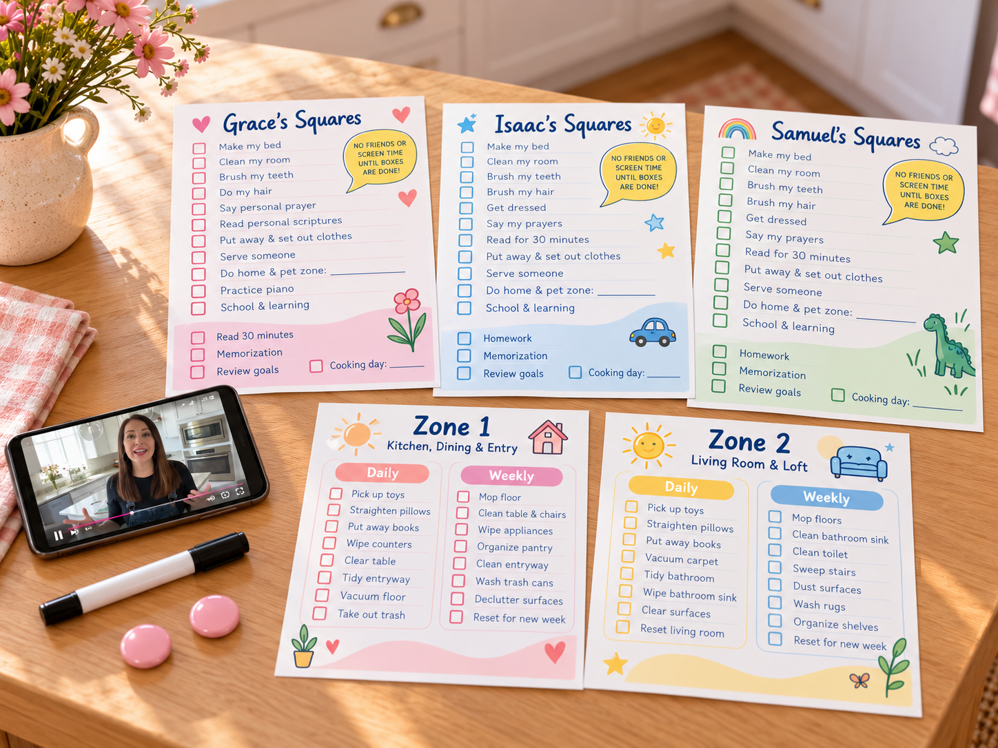 Printed Squares charts for three kids and two Zones charts on a kitchen counter, with the video lesson playing on a phone