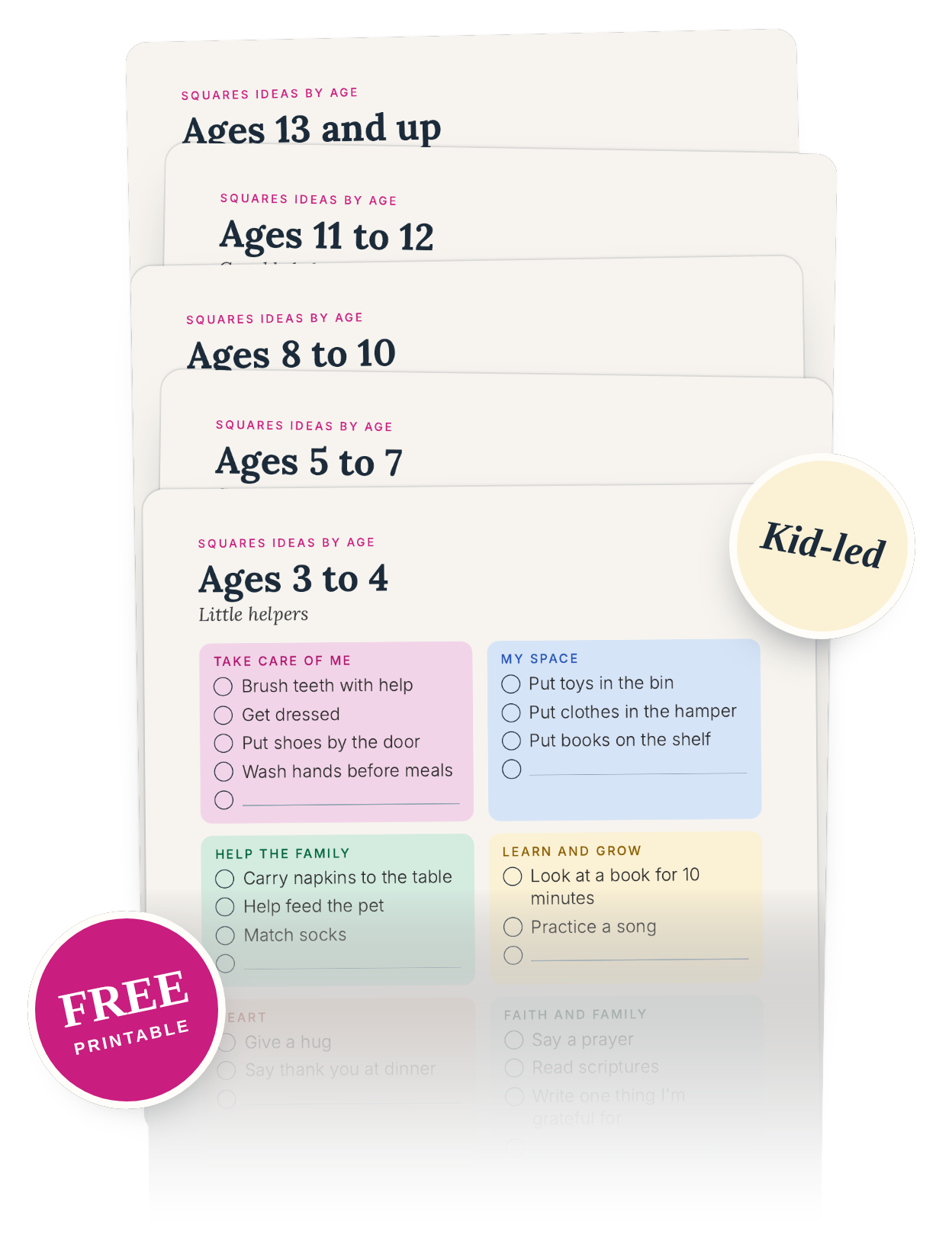The free printable: real pages of Squares ideas for ages 3 to 4, 5 to 7, 8 to 10, 11 to 12, and 13 and up, fanned out with Free and Kid-led stickers