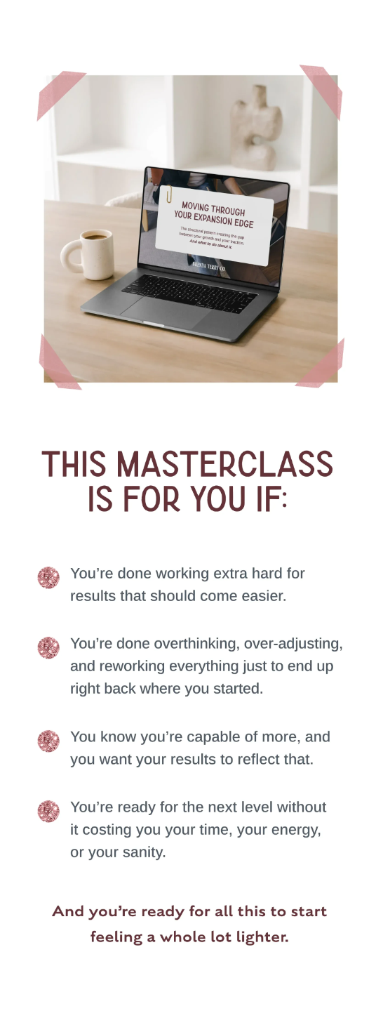 On-demand masterclass for ambitious women ready to stop overworking, break out of overthinking, and create results that feel easier, lighter, and more sustainable.