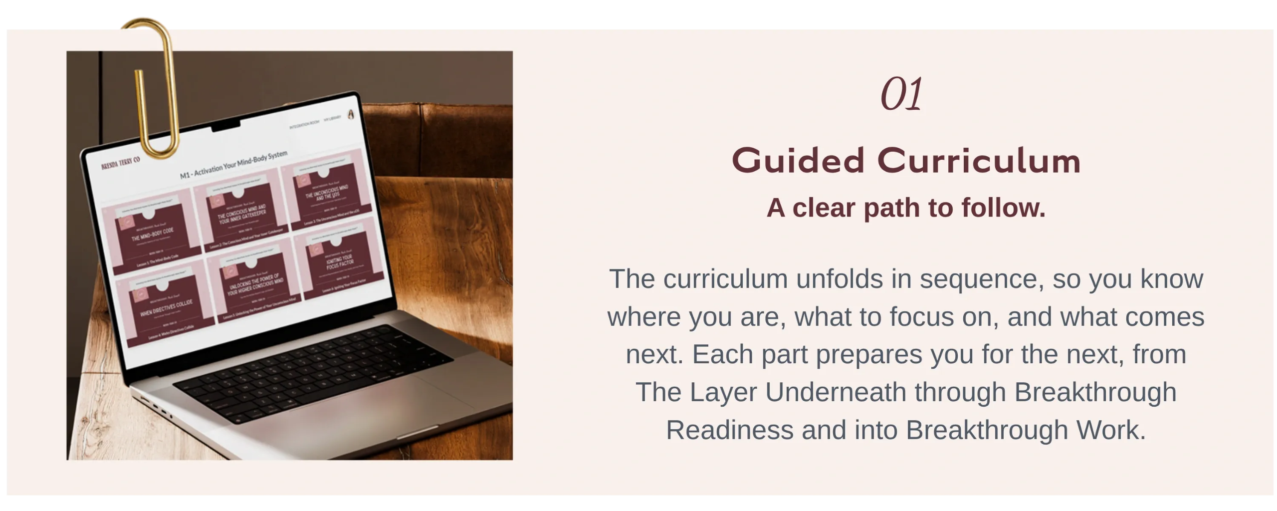 01 Guided Curriculum    Guided curriculum inside Breakthroughs Made Simple™ showing structured lesson pathway designed to help women in business follow a clear step-by-step growth process.