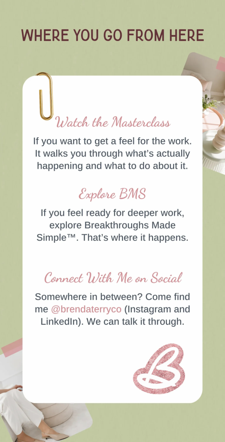 Mobile Brenda Terry Co. final homepage section with next steps for growth-driven women in business to watch the masterclass, explore BMS, or connect with Brenda Terry Co.
