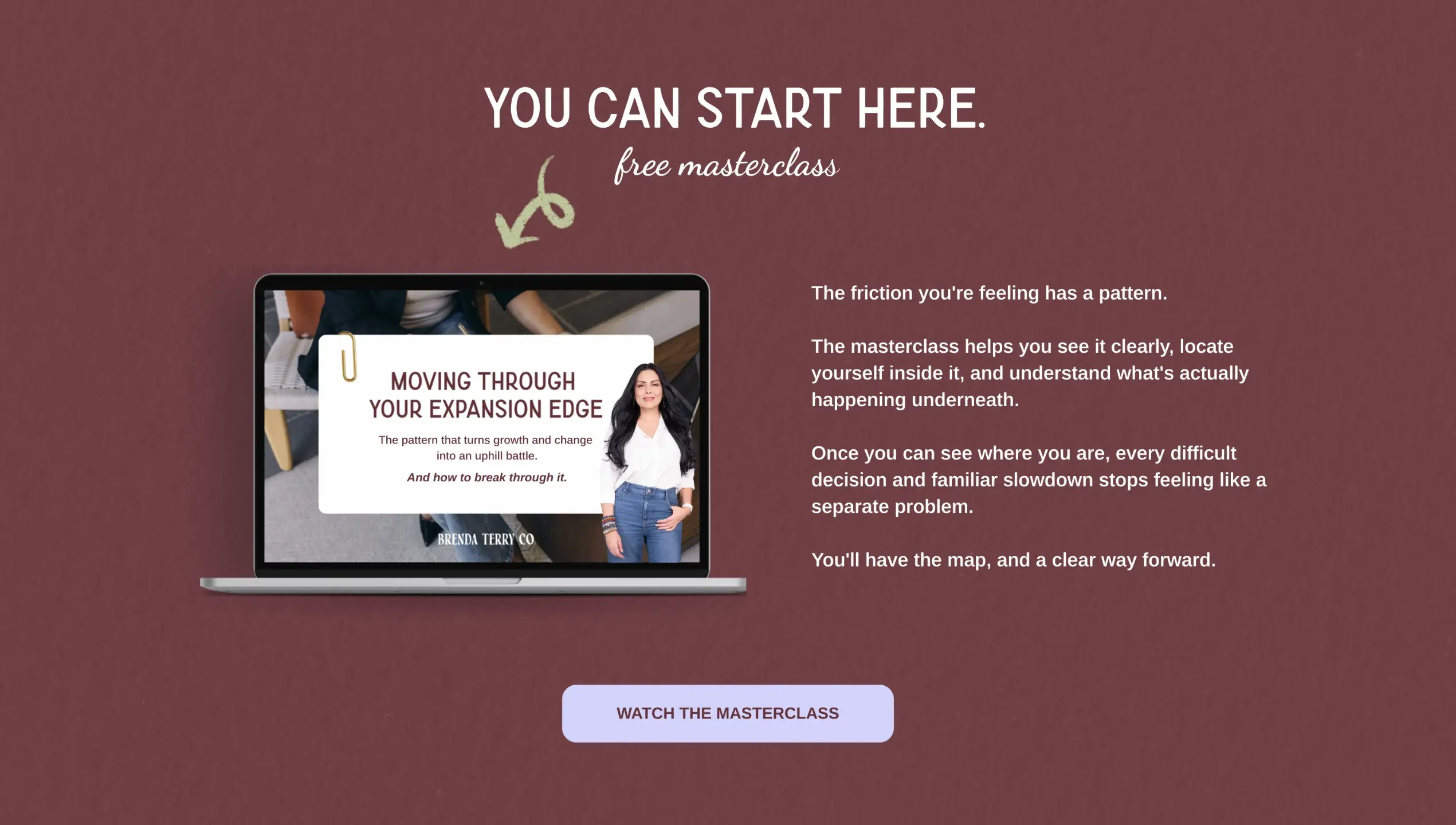 Brenda Terry Co. homepage masterclass section inviting growth-driven women in business to watch Moving Through Your Expansion Edge, a free on-demand masterclass on internal capacity, increased demand, and sustainable traction.