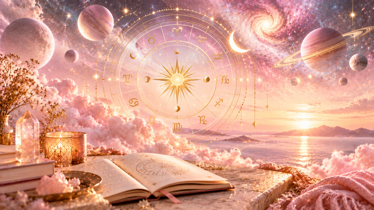 Mystical pink and gold astrology altar with crystals and a birth chart, honoring the push and pull within your chart