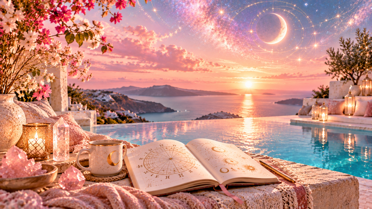 Sunset astrology reading by an infinity pool, a calm space to ride the cosmic waves of retrograde season