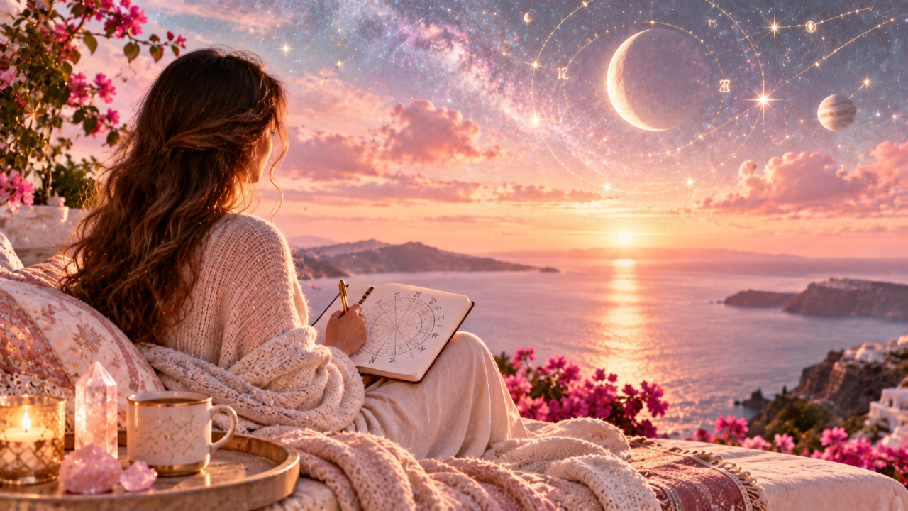 Journaling with a birth chart at a dreamy sunset, receiving the unique guidance of a Soul Astrology Reading