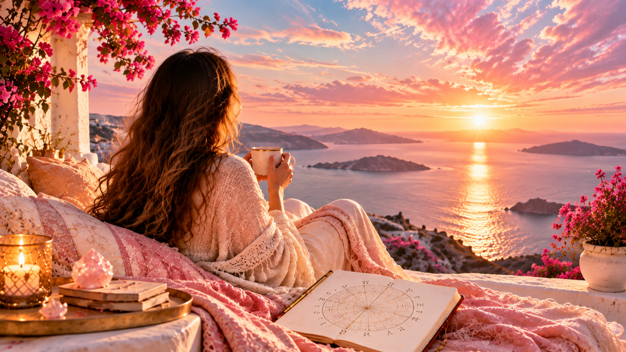 Sunset terrace astrology retreat with a birth chart, inviting you to choose between AI Astrology and a live reading