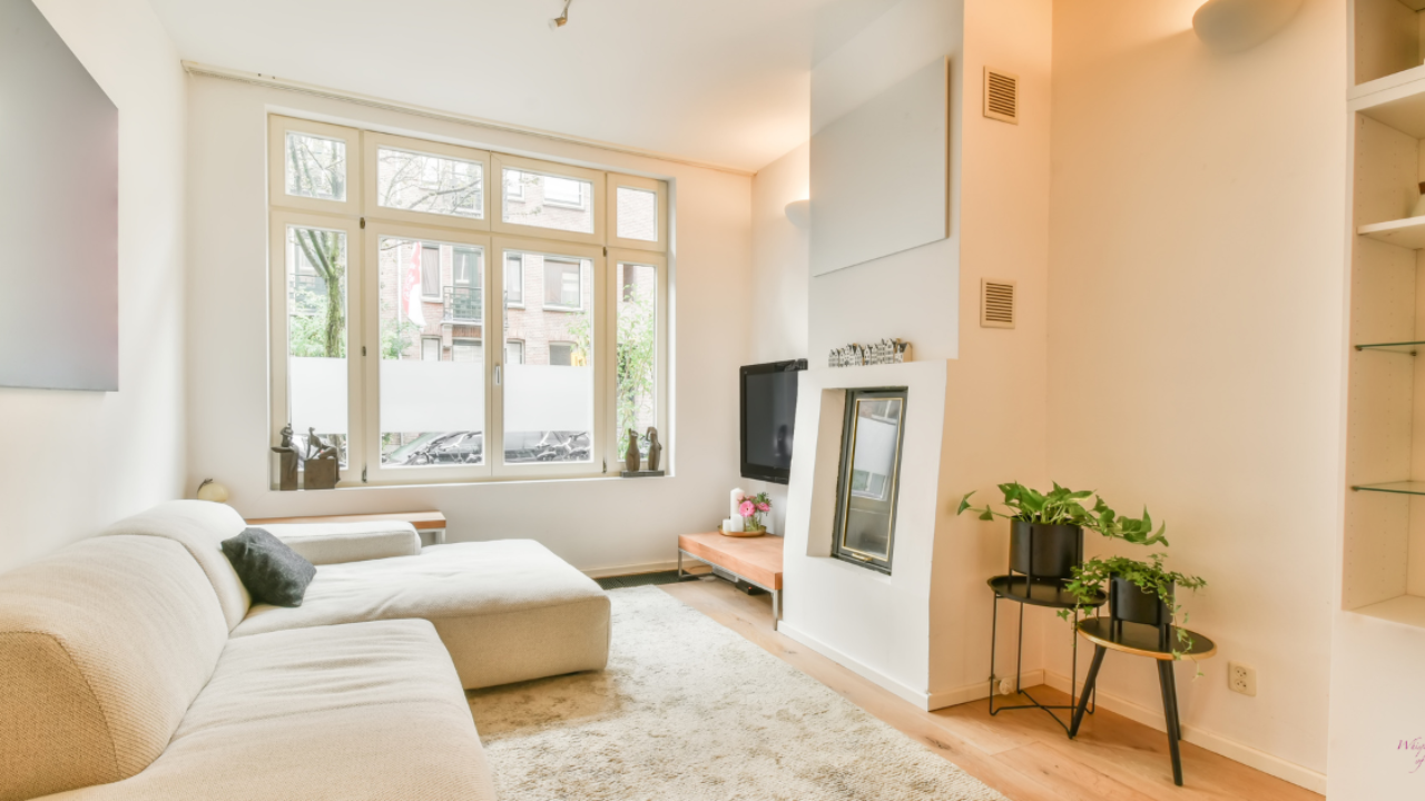 interior home living space with white couch cream walls small plants on stand and bright windows
