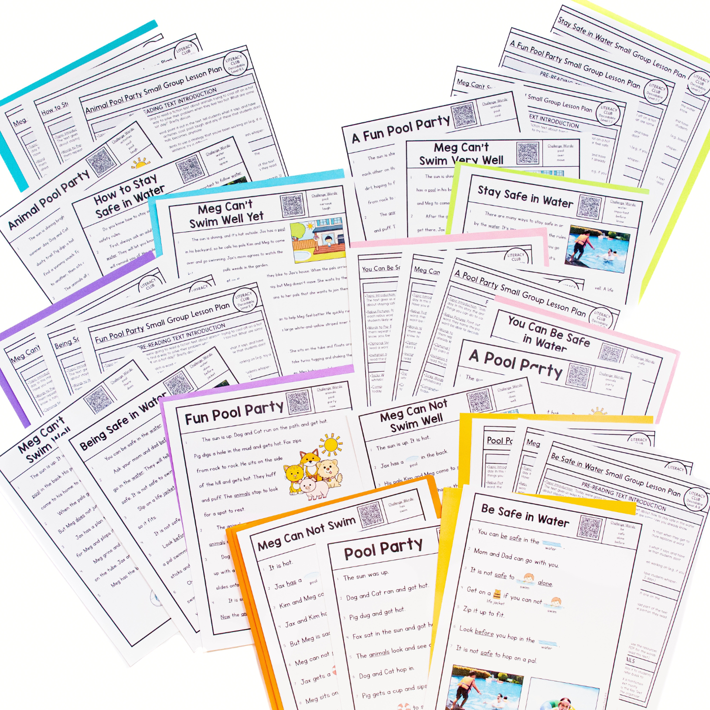 Examples of the 15 decodable reading passages and small-group lesson plans included in the program, featuring multiple reading levels, assessments, and comprehension activities.