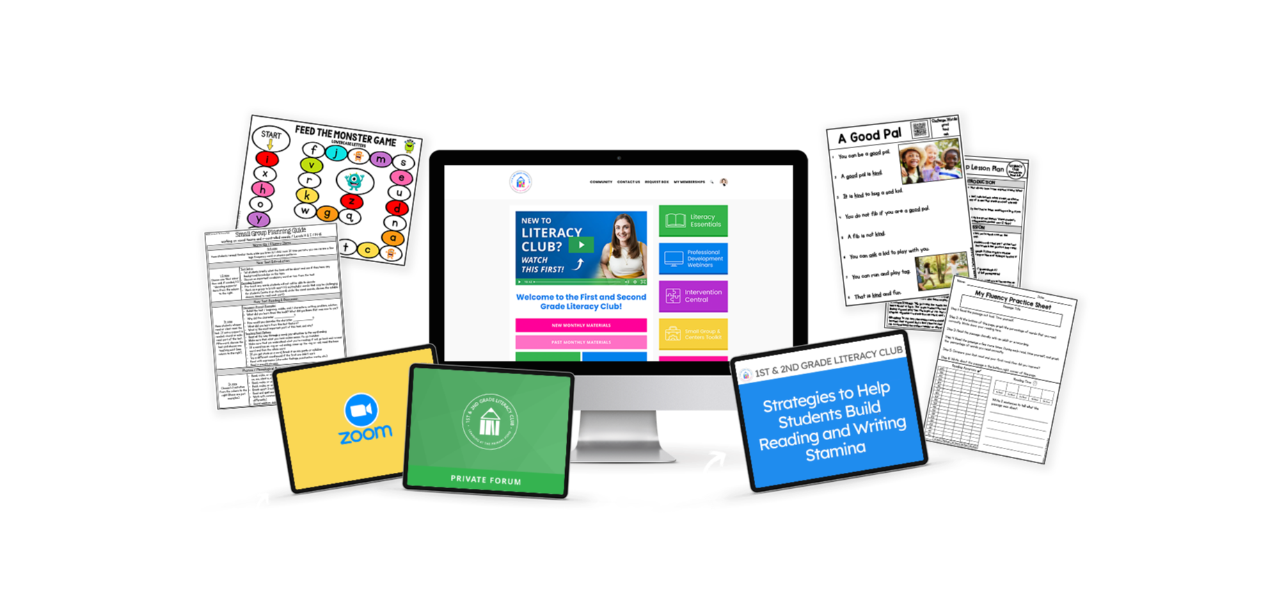 Graphic showing the resources included in the First and Second Grade Literacy Club membership, including lesson plans, literacy centers, intervention tools, webinars, and member support.