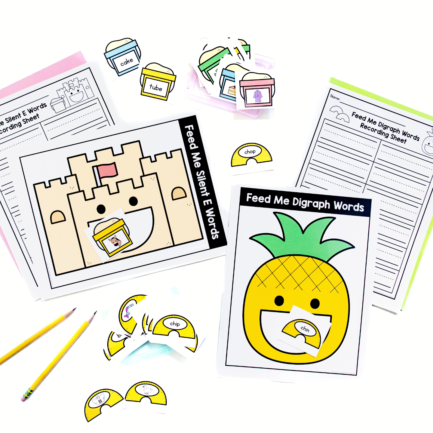 Sample literacy center activities included in the program, featuring engaging phonics, word study, grammar, and writing tasks for differentiated instruction.