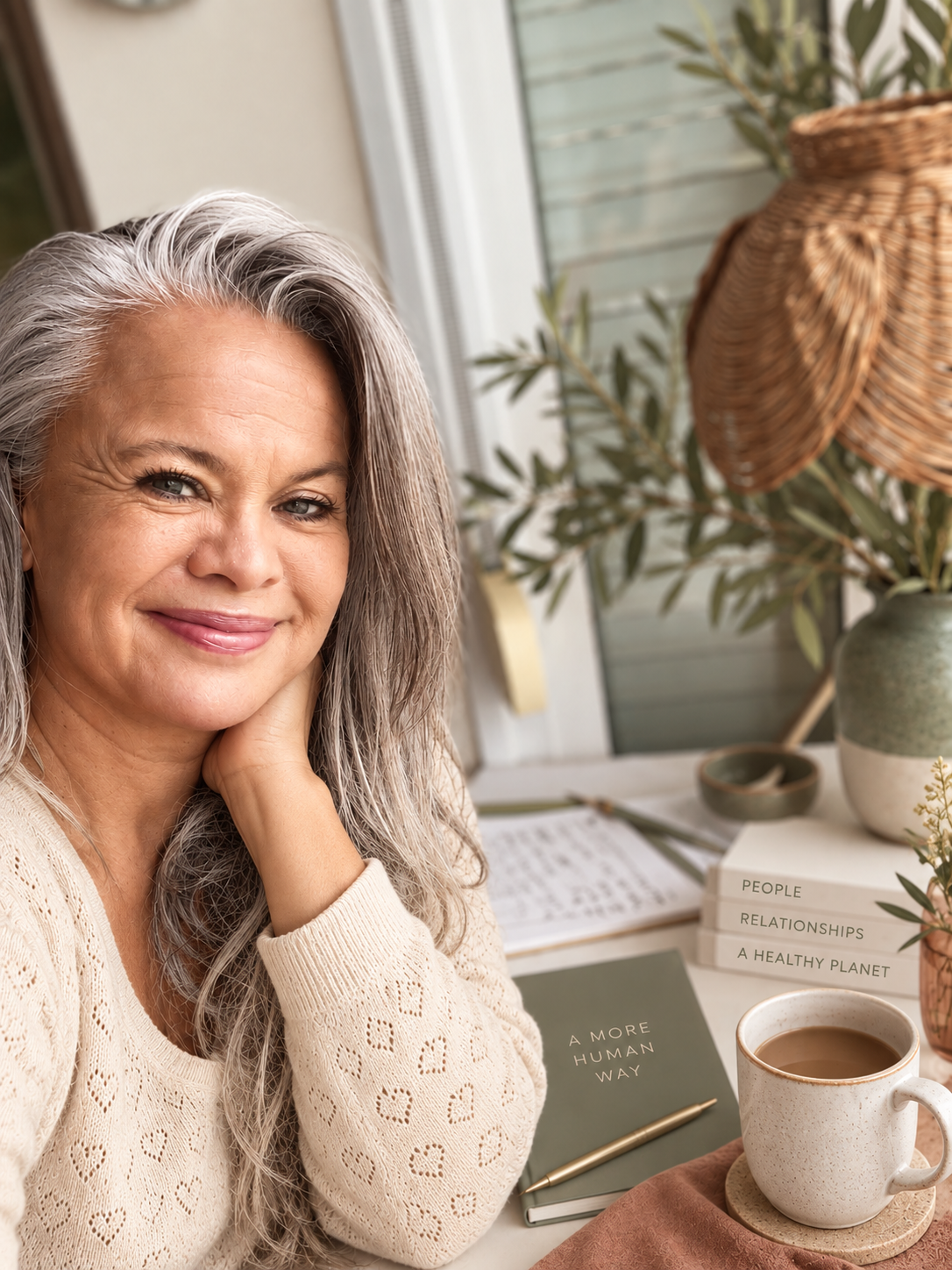 Lucy Vittrup Christensen at her desk with coffee, therapist and founder of 5th Element Collective