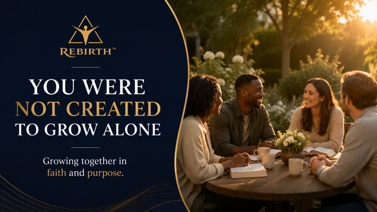 John Hanna REBIRTH blog image for You Were Not Created to Grow Alone, showing people gathered in a warm garden setting as a symbol of faith, purpose, community, growth, and support.