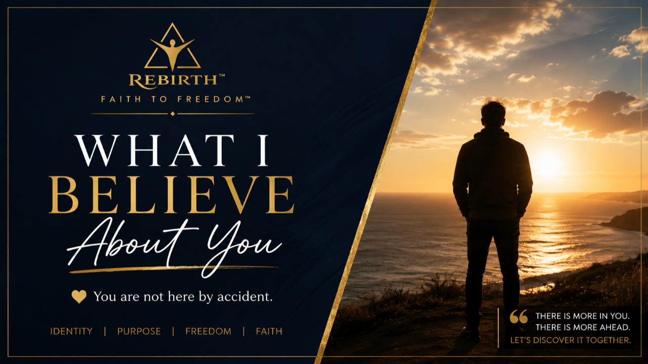 BLOG #1 IMAGE ALT ATTRIBUTE  John Hanna REBIRTH Faith to Freedom blog image for What I Believe About You, showing a person standing before a sunrise with the message You are not here by accident.