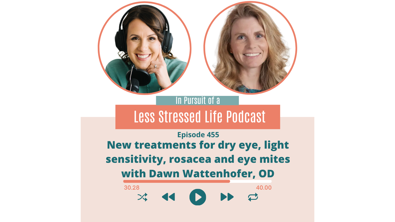 Podcast cover art featuring Christa Biegler and Dawn Wattenhofer: Episode 455 New treatments for dry eye, light sensitivity, rosacea and eye mites with Dawn Wattenhofer, OD