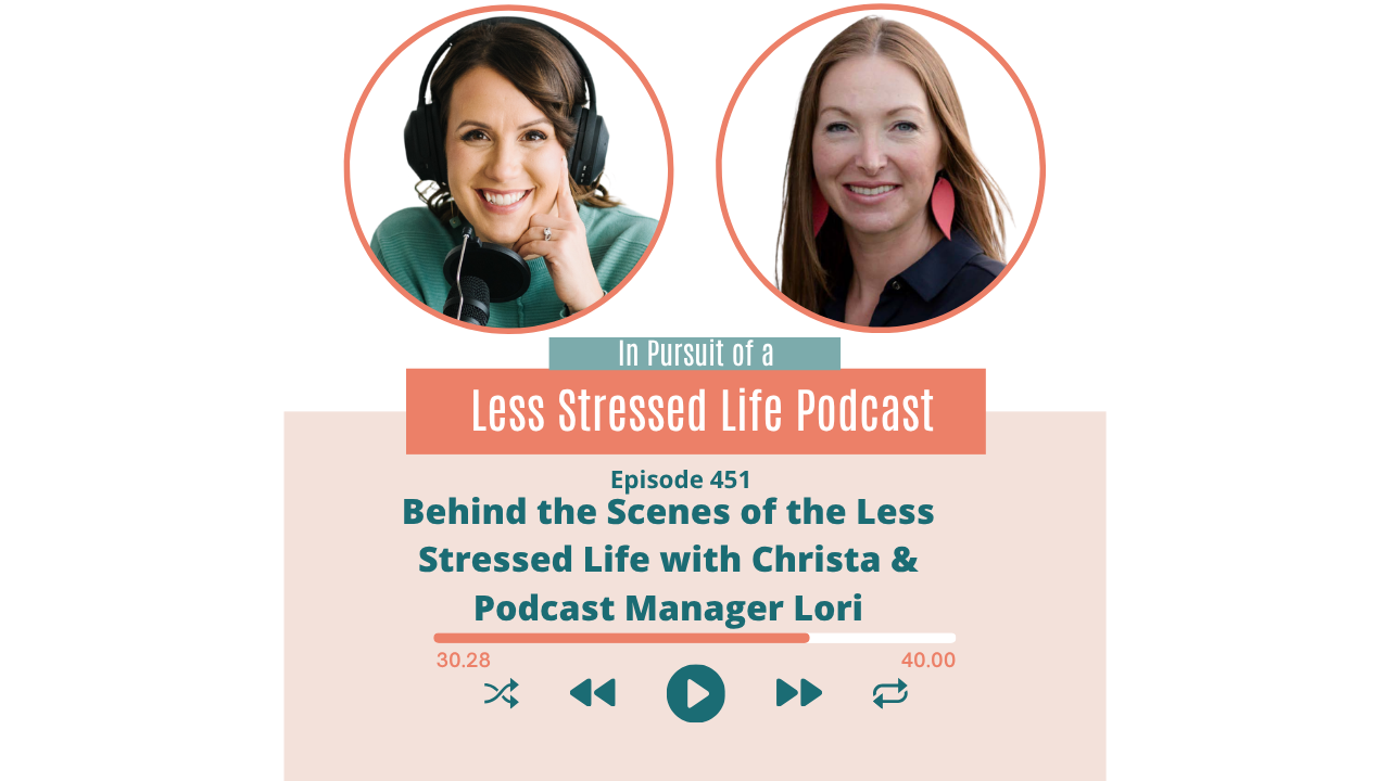 Podcast cover art featuring Christa Biegler and Lori: Episode 451 Behind the Scenes of the Less Stressed Life with Christa & Podcast Manager Lori