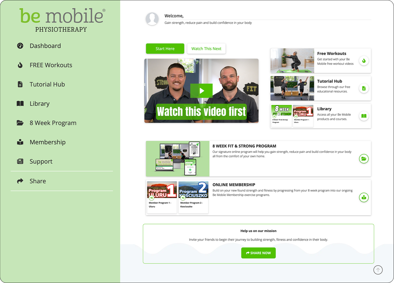 Custom member portal dashboard designed for older adults, featuring clear navigation, guided workouts, progress tracking, and personalized recommendations. Designed by Motivation.digital