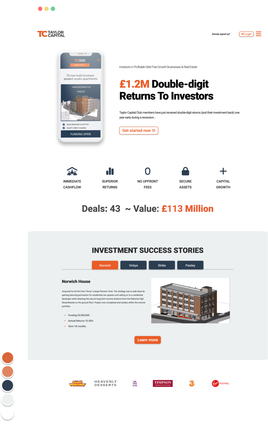 Website & mobile design London | TaylorCapital sales page with flowing design