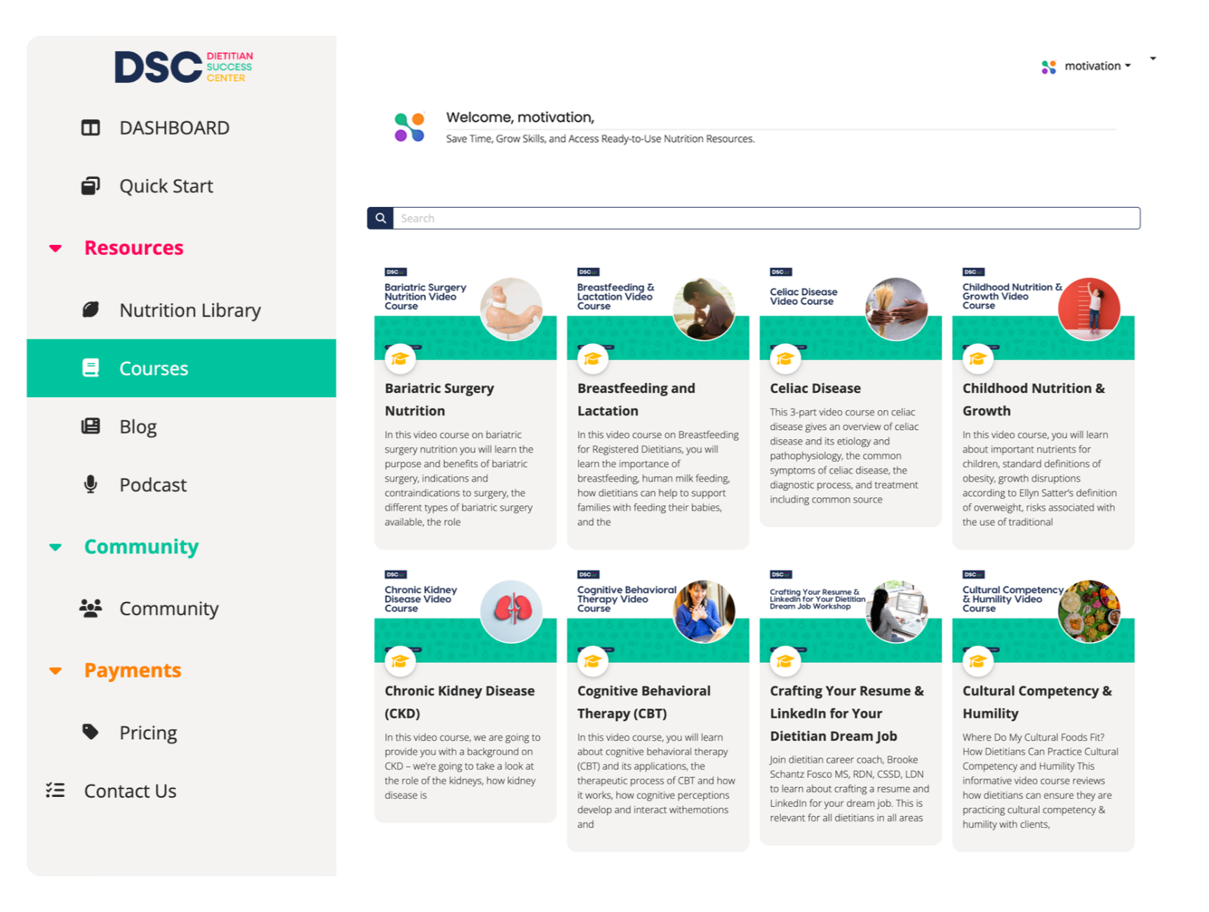A modern online course platform designed for dietitians, showcasing organized nutrition education, saved learning resources, and easy course navigation. Designed by Motivation.digital