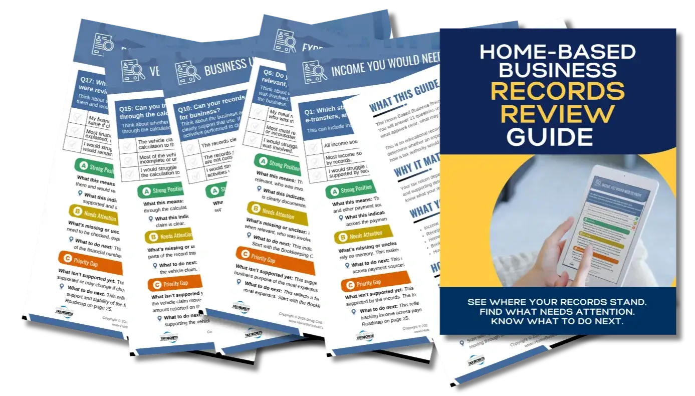 Home-Based Business Records Review Guide with sample pages from the 21-question review.