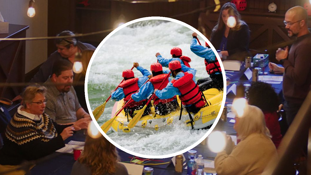Whitewater rafting team paddling together, representing DillonMarcus' Thriving in Whitewater™ change management moduleWhitewater rafting team paddling together, representing DillonMarcus' Thriving in Whitewater™ change management module