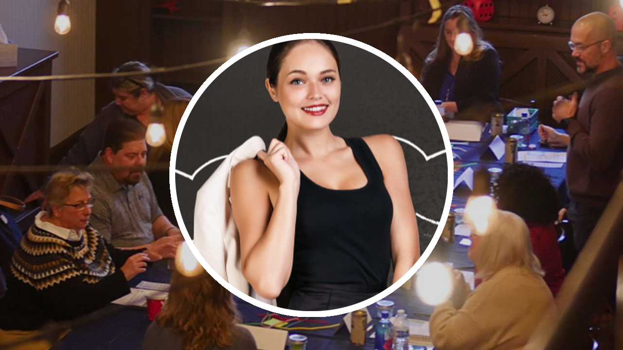 Woman with chalk-drawn muscular arms behind her, representing DillonMarcus' Unleashing Women at Work™ training module