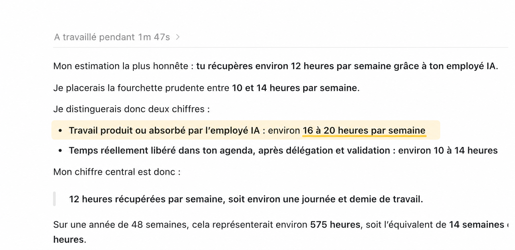 Capture d’écran montrant que l’employé IA prend en charge 16 à 20 heures de travail par semaine