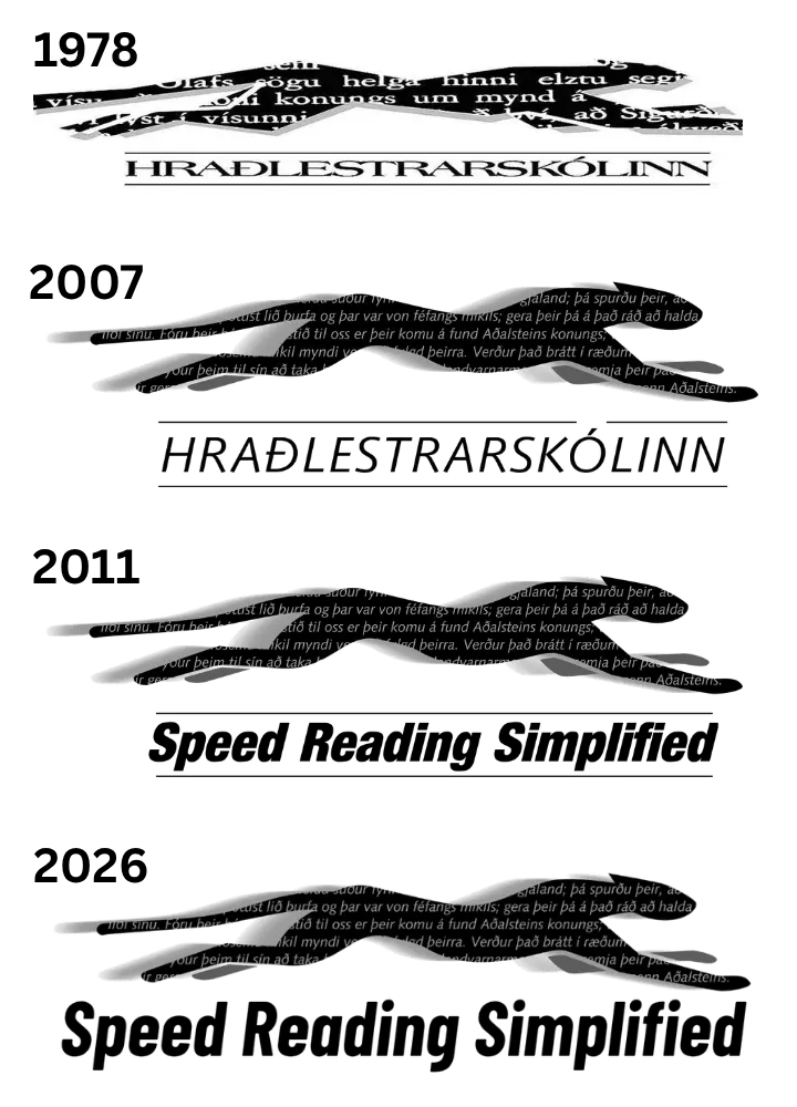 Brand evolution from Hraðlestrarskólinn (founded 1978) to Speed Reading Simplified (2026), representing 48 years of continuous reading methodology development.