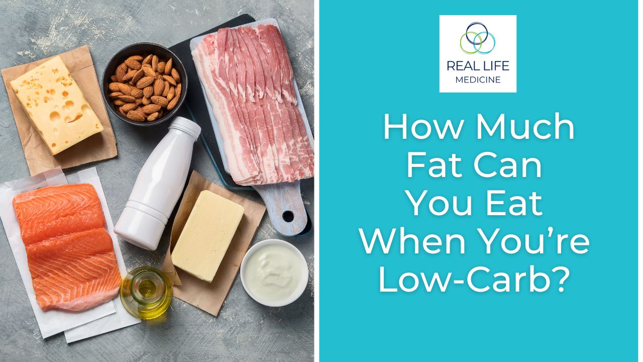 blog tile with a picture of different types of fats and a caption How much fat can you eat when you're low carb? 