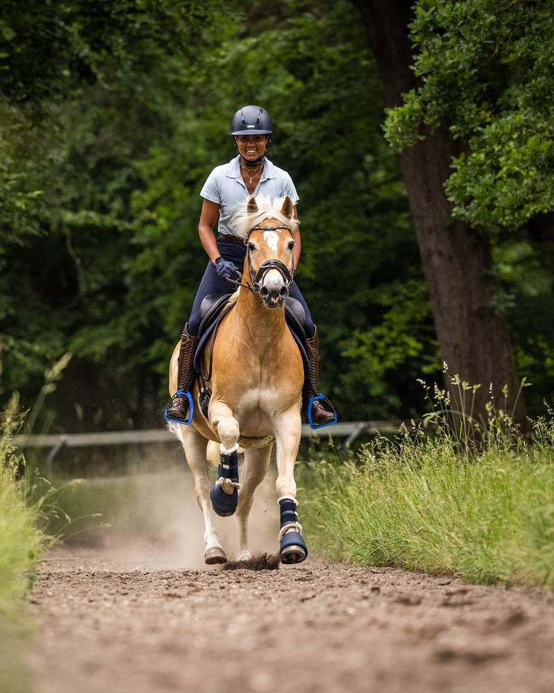 Reiterin galoppiert entspannt und lächelnd auf einem Haflinger durchs Gelände