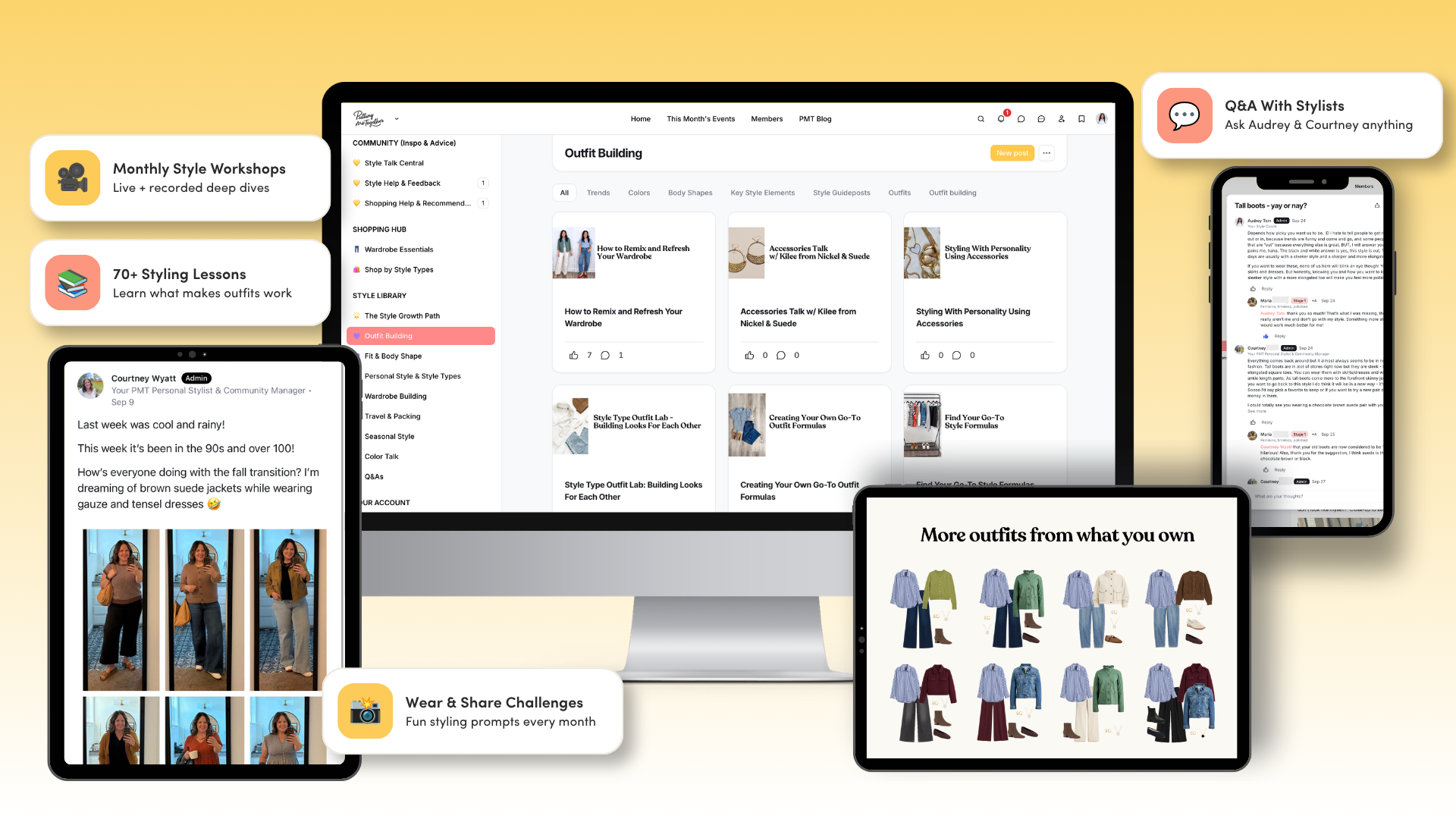PMT Style Club on laptop, tablets and phone: styling lessons, community posts, Q&A and outfit ideas