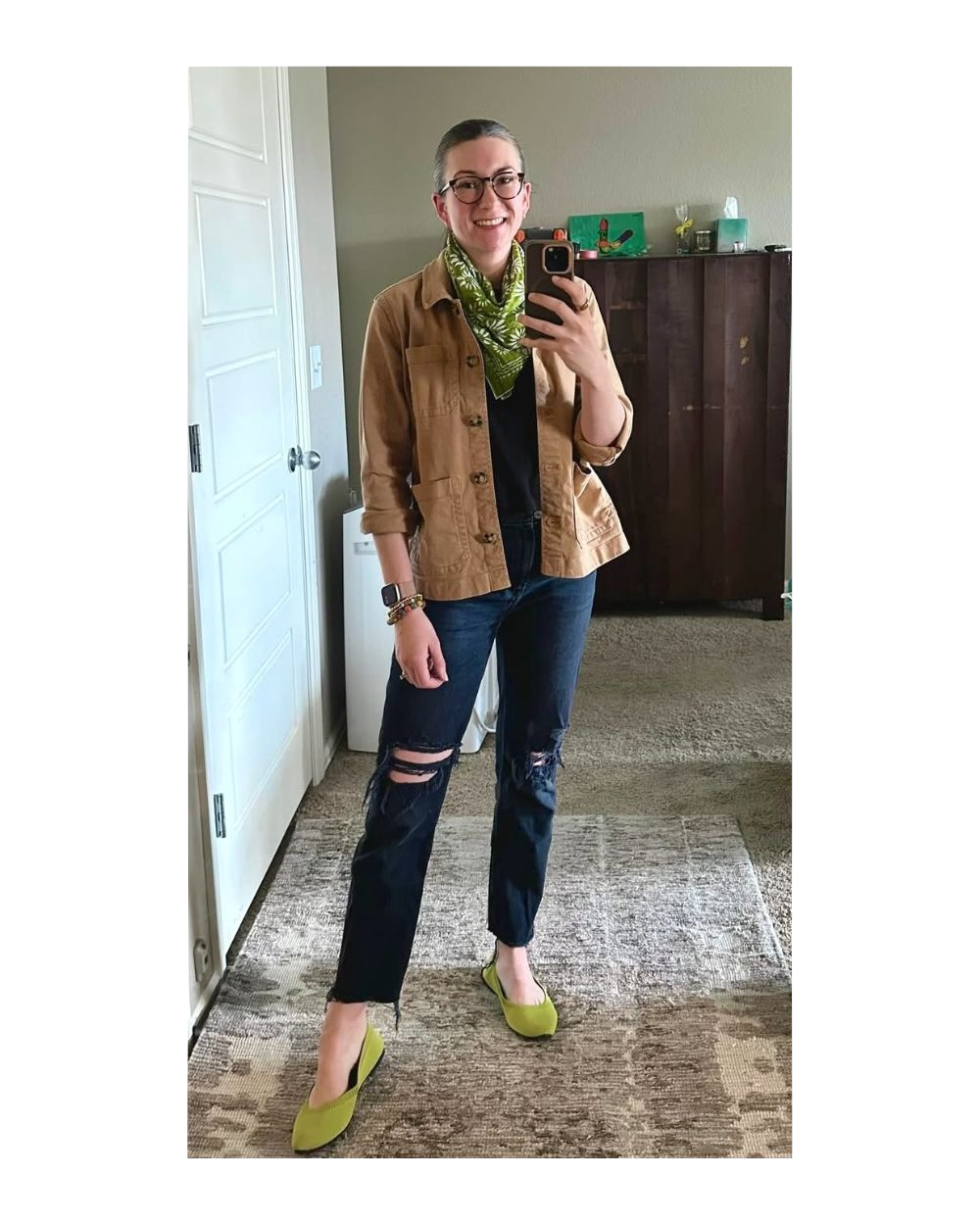 Tonia wearing her cranberry corduroy pants