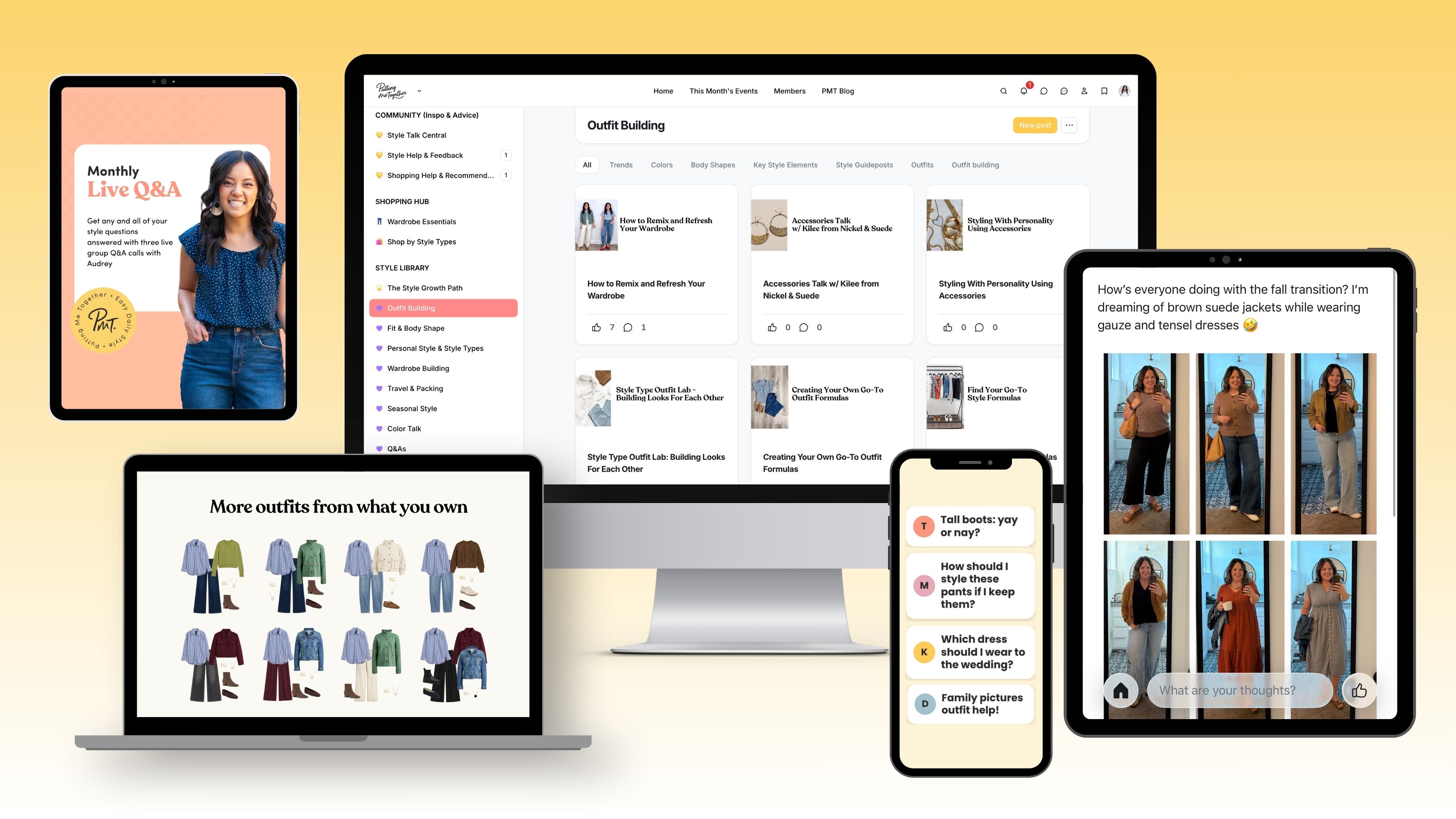 The PMT Style Club on desktop, tablet and phone: the member hub, monthly live Q&A, member style questions, Wear & Share outfit posts and more outfits from what you own