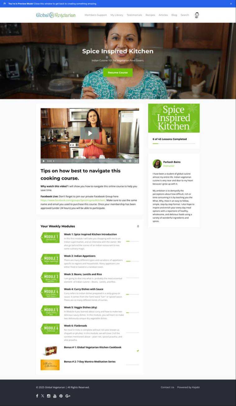 The Global Vegetarian course on Kajabi