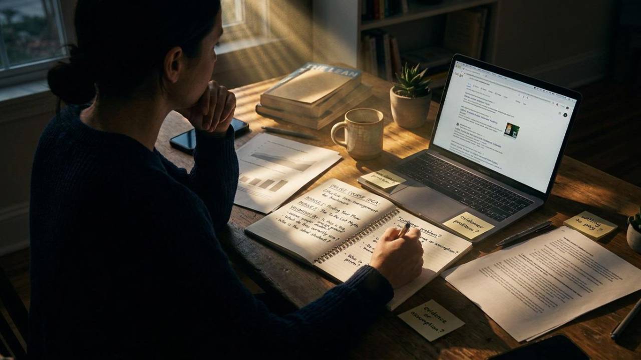 Woman researching and validating an online course idea using customer feedback, competitor research and planning notes.