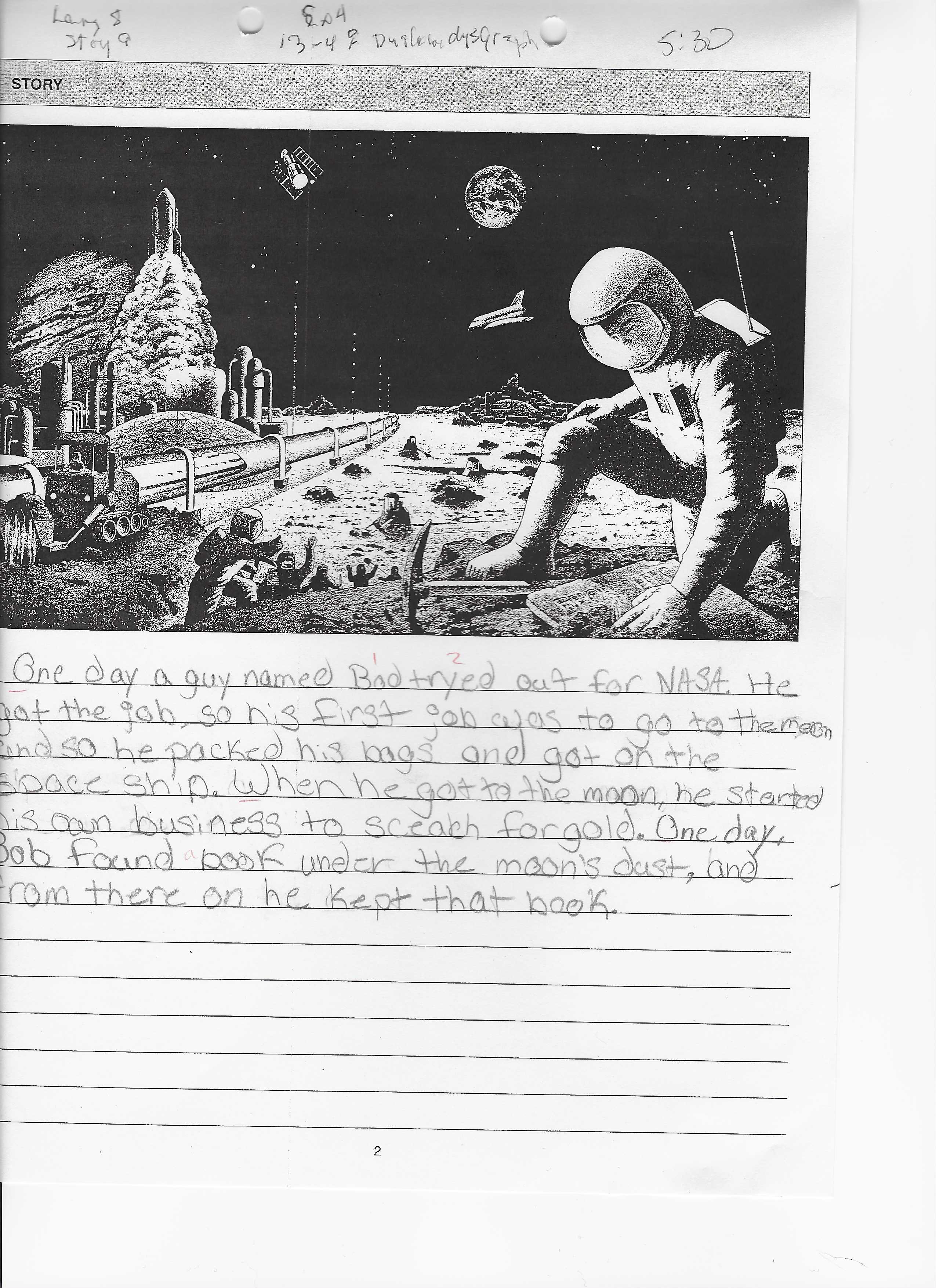 Handwritten story from a thirteen-year-old girl, very neat and legible but short, with the hero's name spelled Bod then Bob.