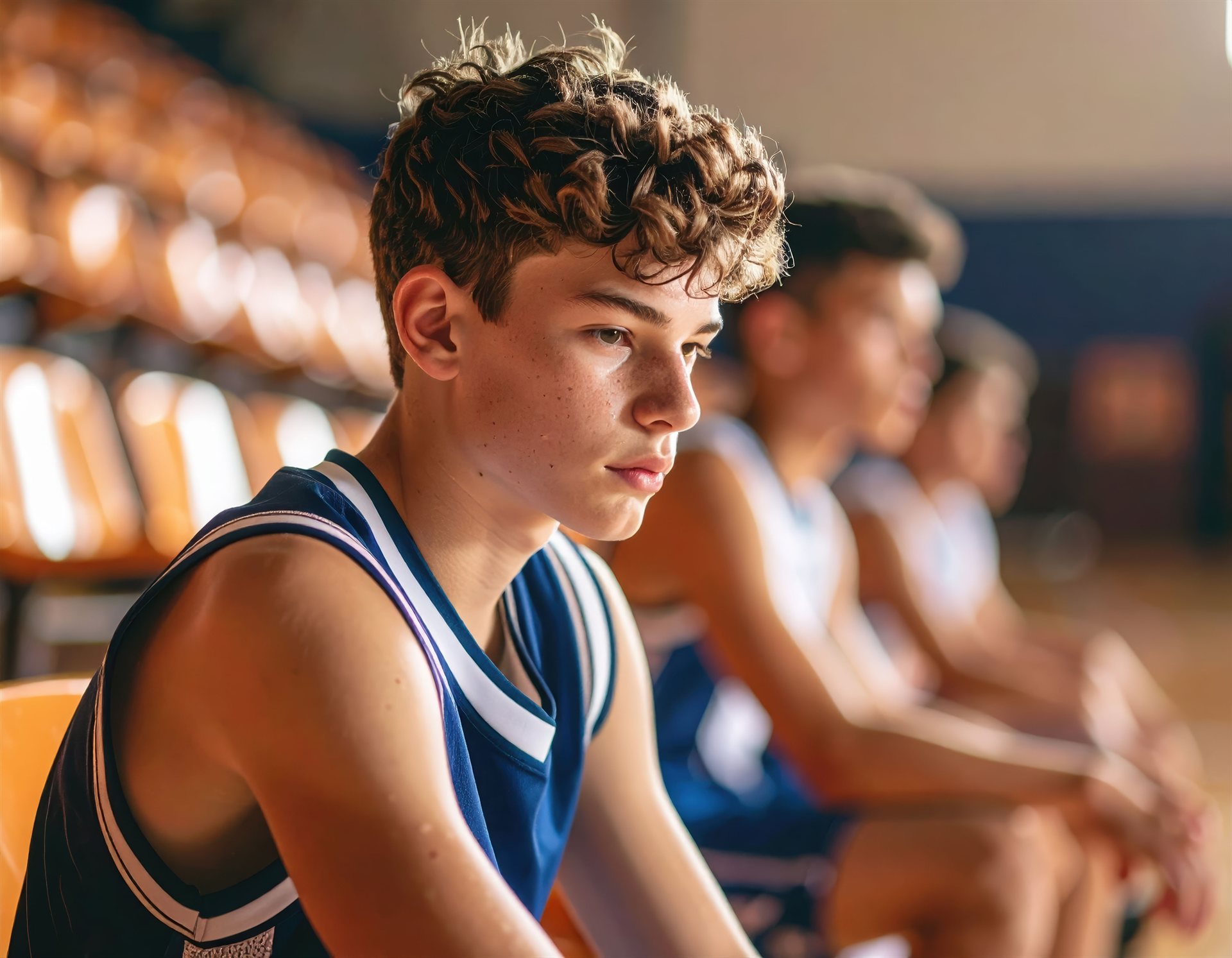 A teenage boy in a basketball jersey sitting on a gym bench, looking away, with his teammates blurred behind him