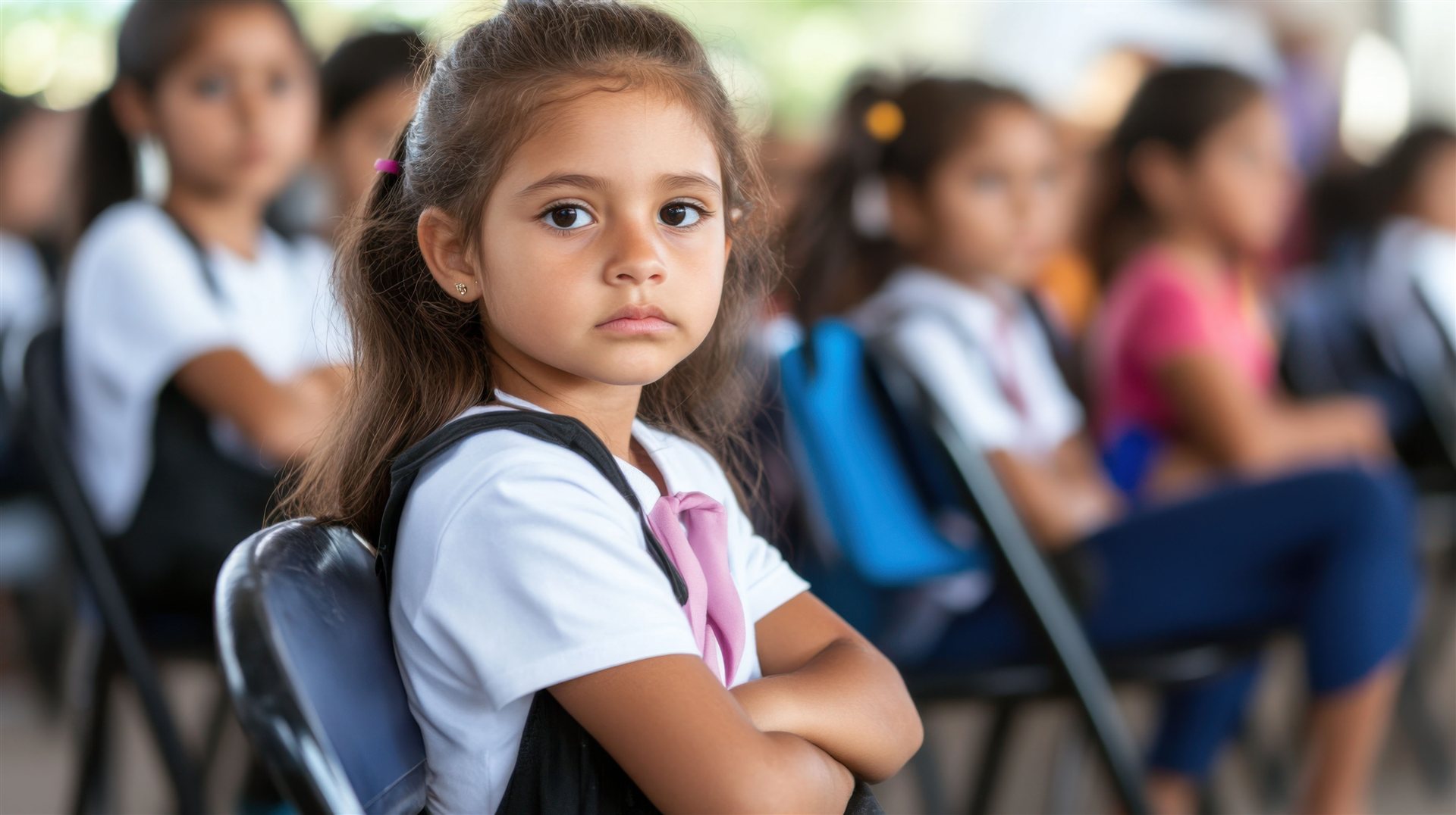 A young girl with her arms crossed turns in her chair to look straight at the camera while her classmates face forward