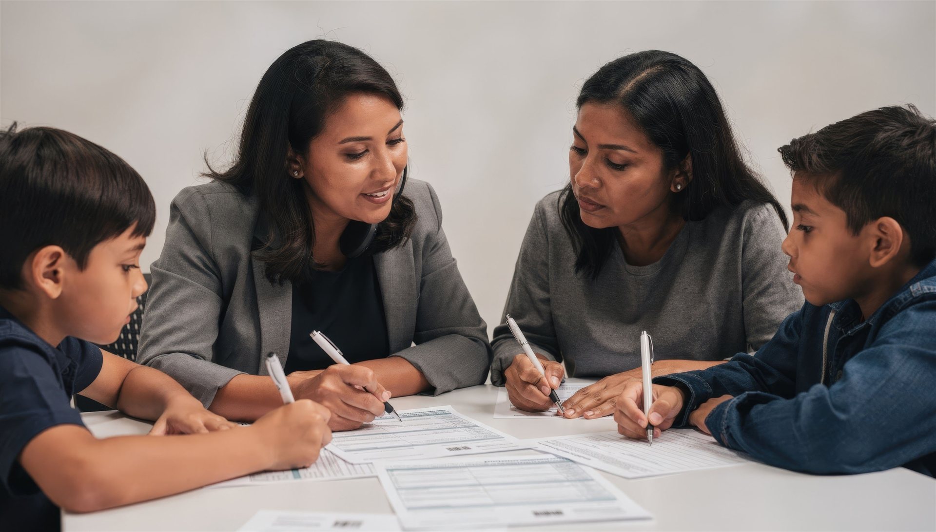 A mother and a professional working through papers at a table with two boys