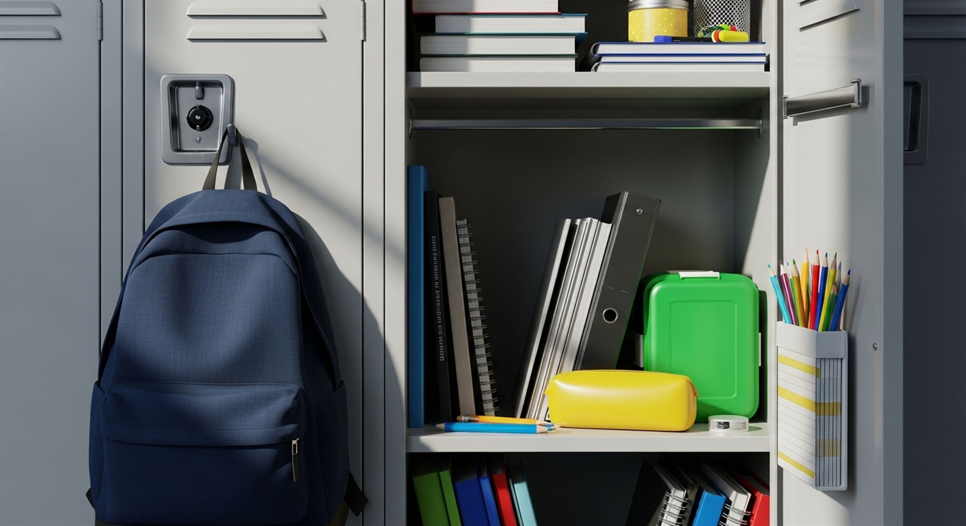 An open school locker with books, binders and supplies neatly arranged, and a backpack hanging beside it