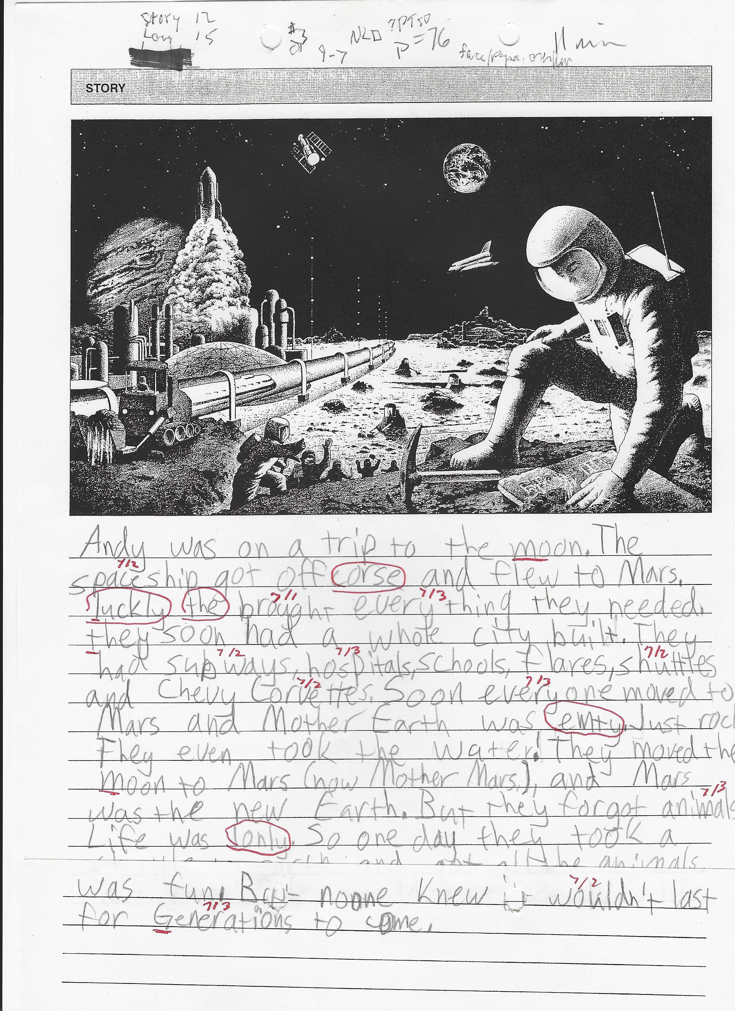Handwritten story from a nine-year-old boy, an imaginative full story with several spelling errors marked in red.