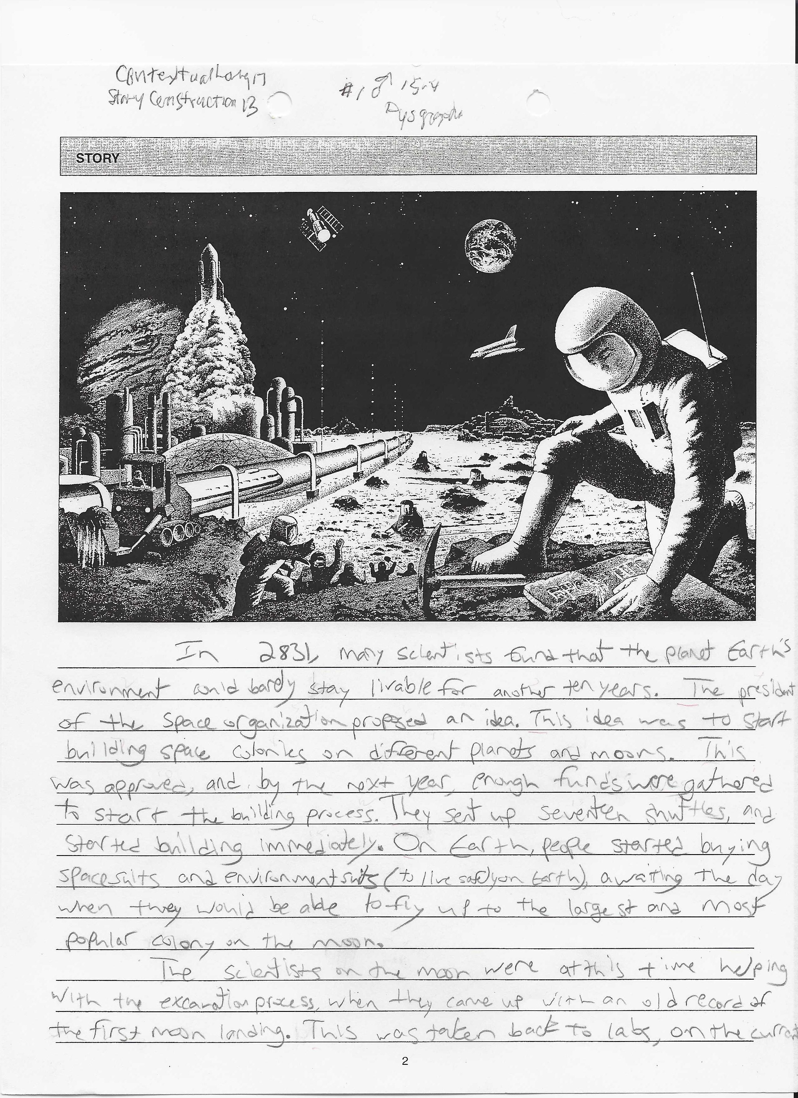 Handwritten story from a fifteen-year-old boy, filling a page and a half, with variable letter sizes and spacing.