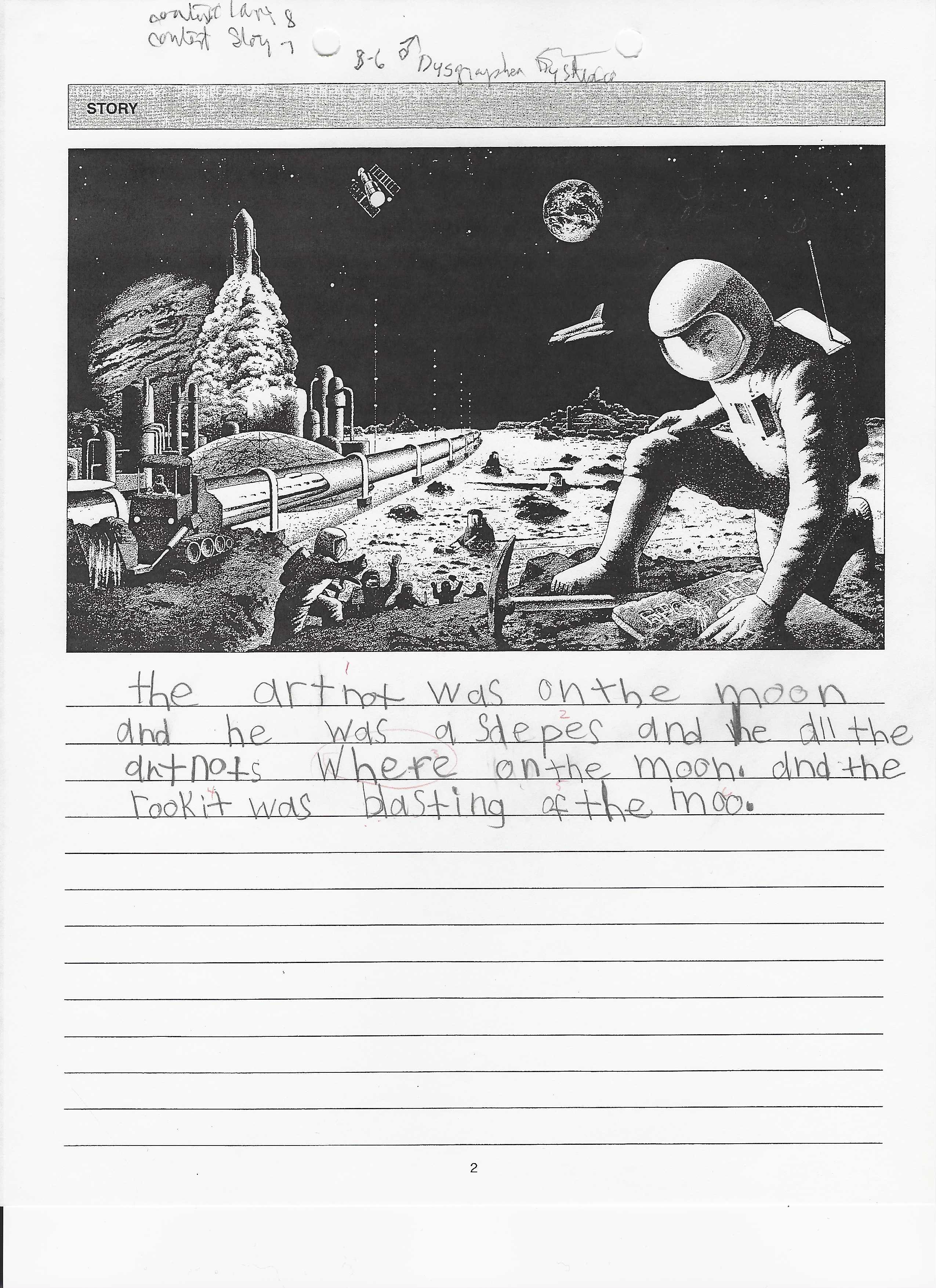 Handwritten story from an eight-year-old boy, only two lines, with phonetic spelling and words written over erasures.