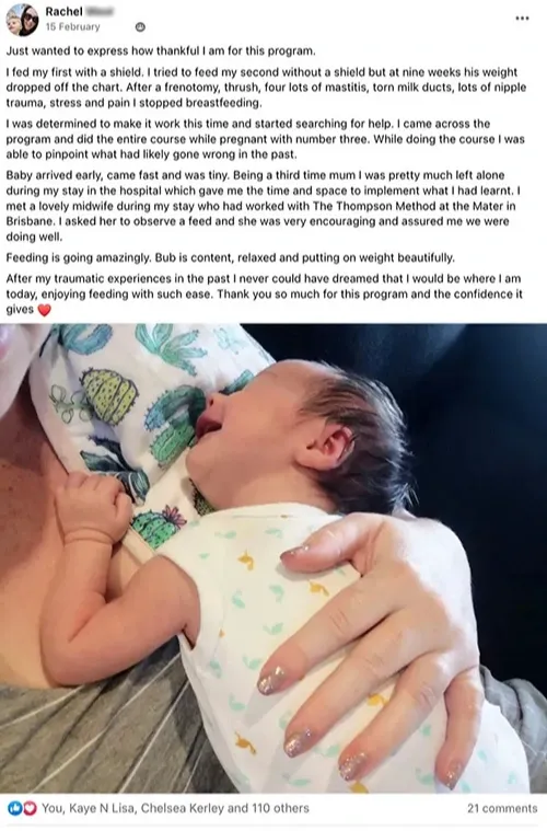 Screenshot of 5-star Facebook review from Rachel West:'Breastfeeding is going amazing' 