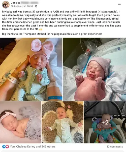 Screenshot of 5-star Facebook review from JessicaS.: 'Nursing like a champ'