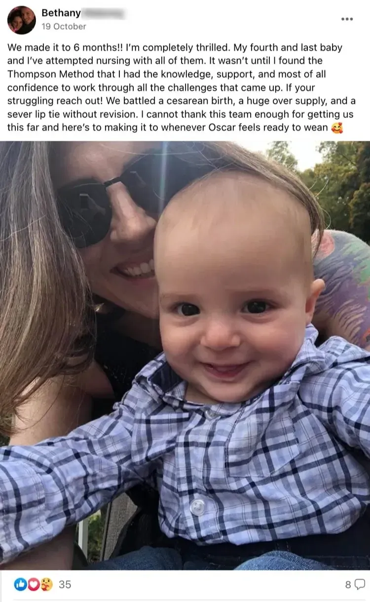 Screenshot of 5-star Facebook review "We battled a cesarean birth, a huge over supply, and a severe lip tie without revision."