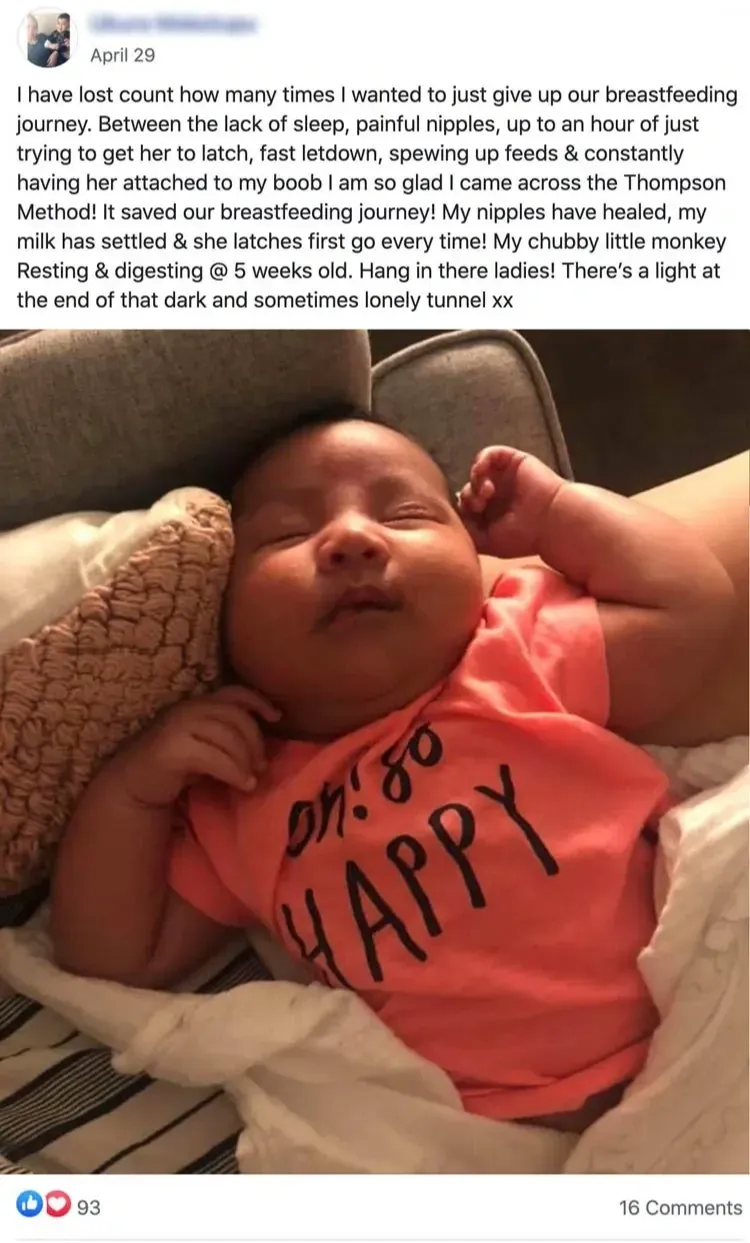 Screenshot of 5-star Facebook review "I am so glad I came across the Thompson Method! It saved our breastfeeding journey"