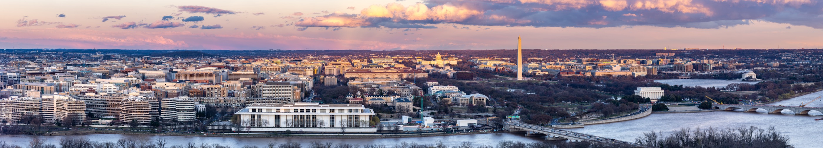 Washington DC skyline at sunset with the Capitol and the Washington Monument