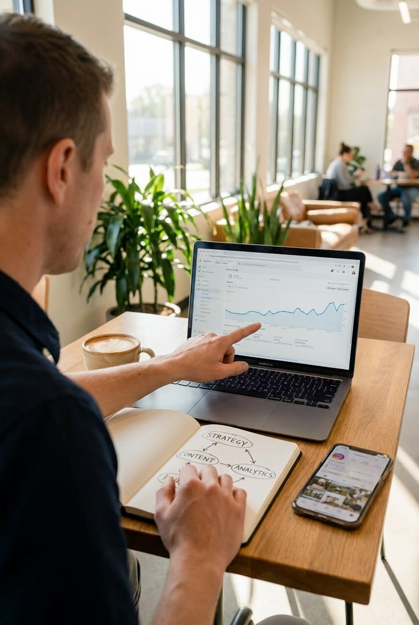 PLACEHOLDER: Laptop showing analytics dashboard with connected data points